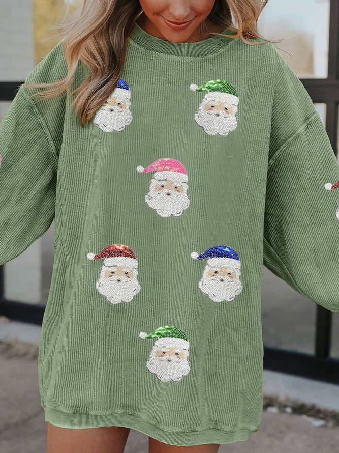Women's Grass Green Santa Claus Graphic Sequins Sweatshirt