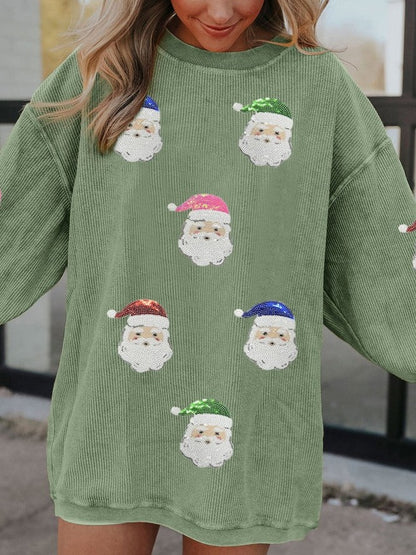 Women's Grass Green Santa Claus Graphic Sequins Sweatshirt