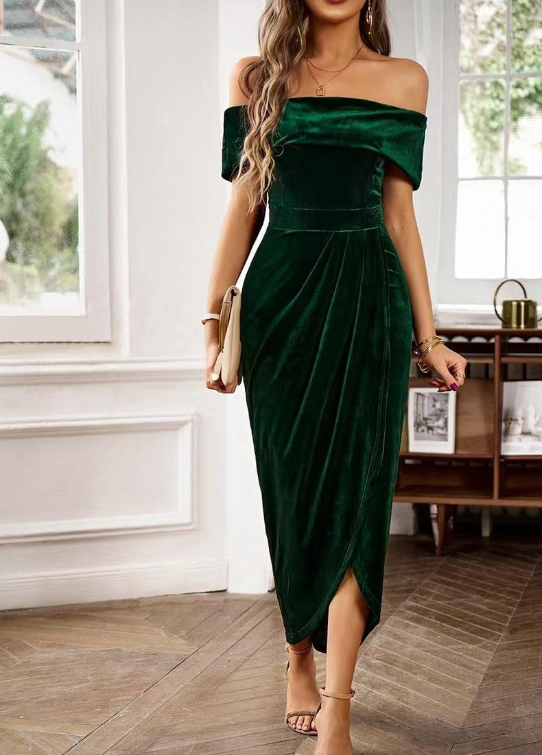 Women's Off-Shoulder High-Waisted Slit Velvet Dress