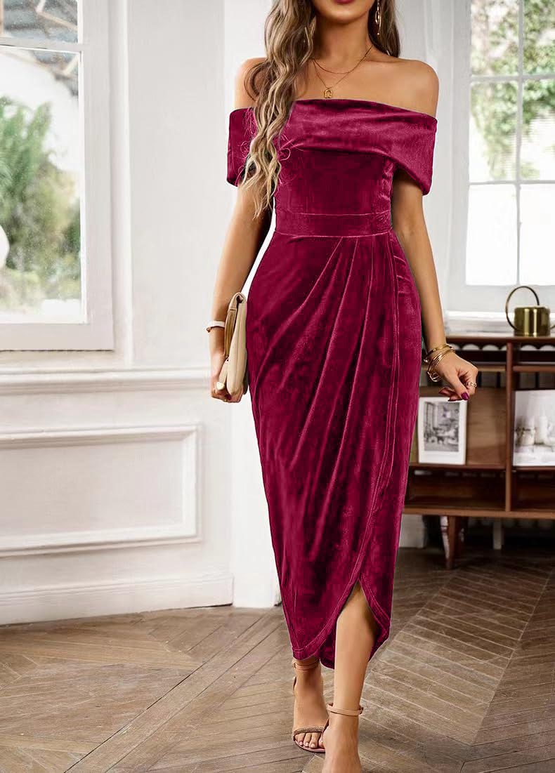 Women's Off-Shoulder High-Waisted Slit Velvet Dress