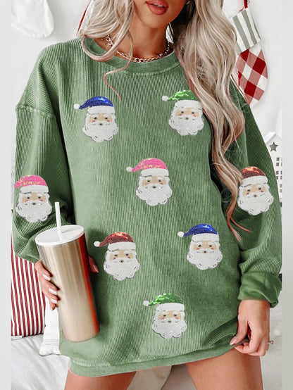 Women's Grass Green Santa Claus Graphic Sequins Sweatshirt