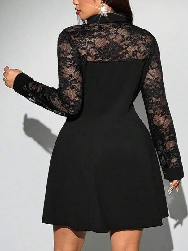 Women's Elegant Lace Spliced Shirt Dress