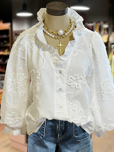 Women's Embroidered Flower Ruffle Neck Puff Sleeve Top
