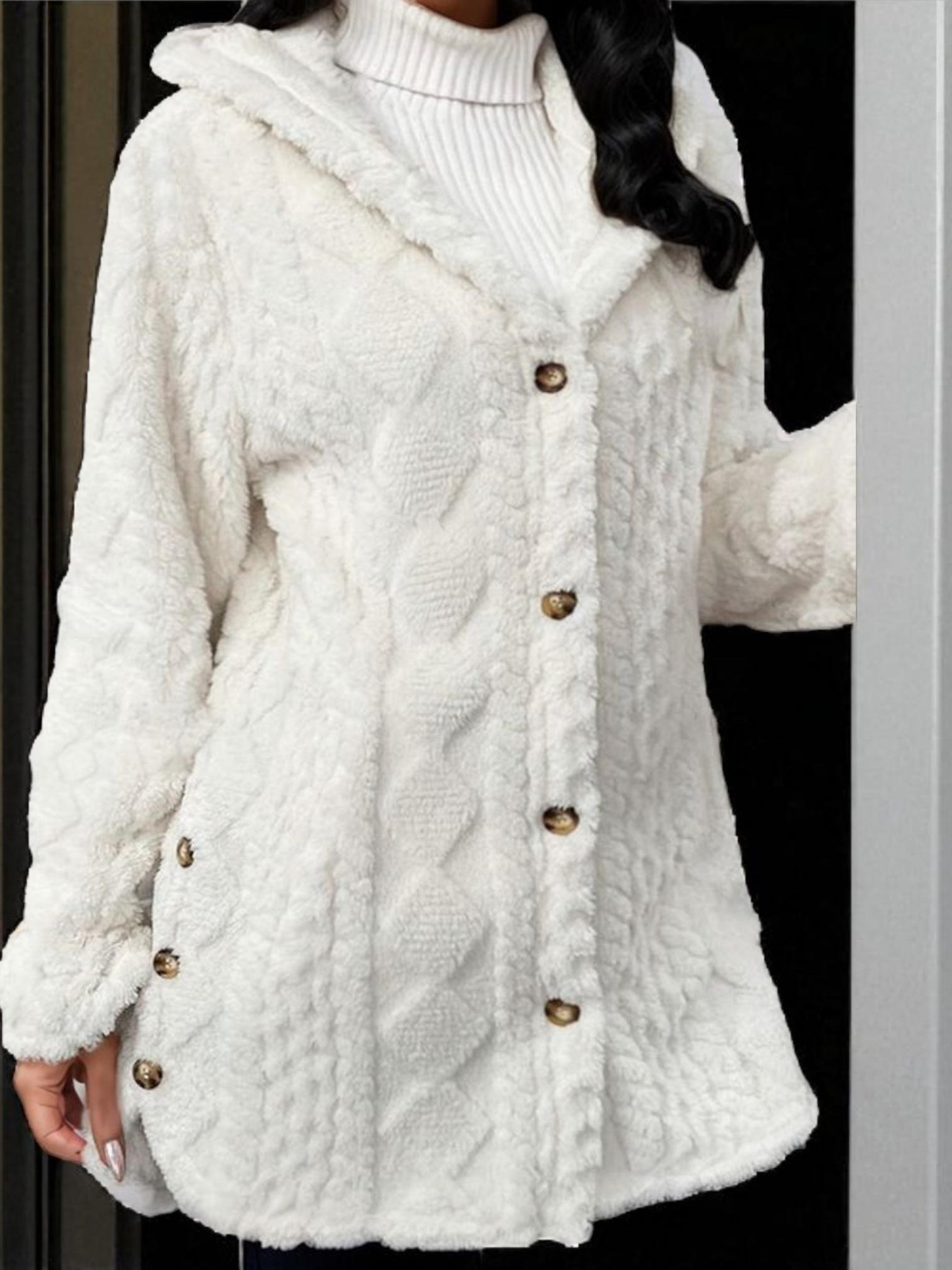 Women's Soft Fleece Button Hooded Long Sleeve Coat