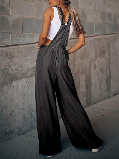 Women's Casual Adjustable Straps Denim Overall Wide Leg Jumpsuits