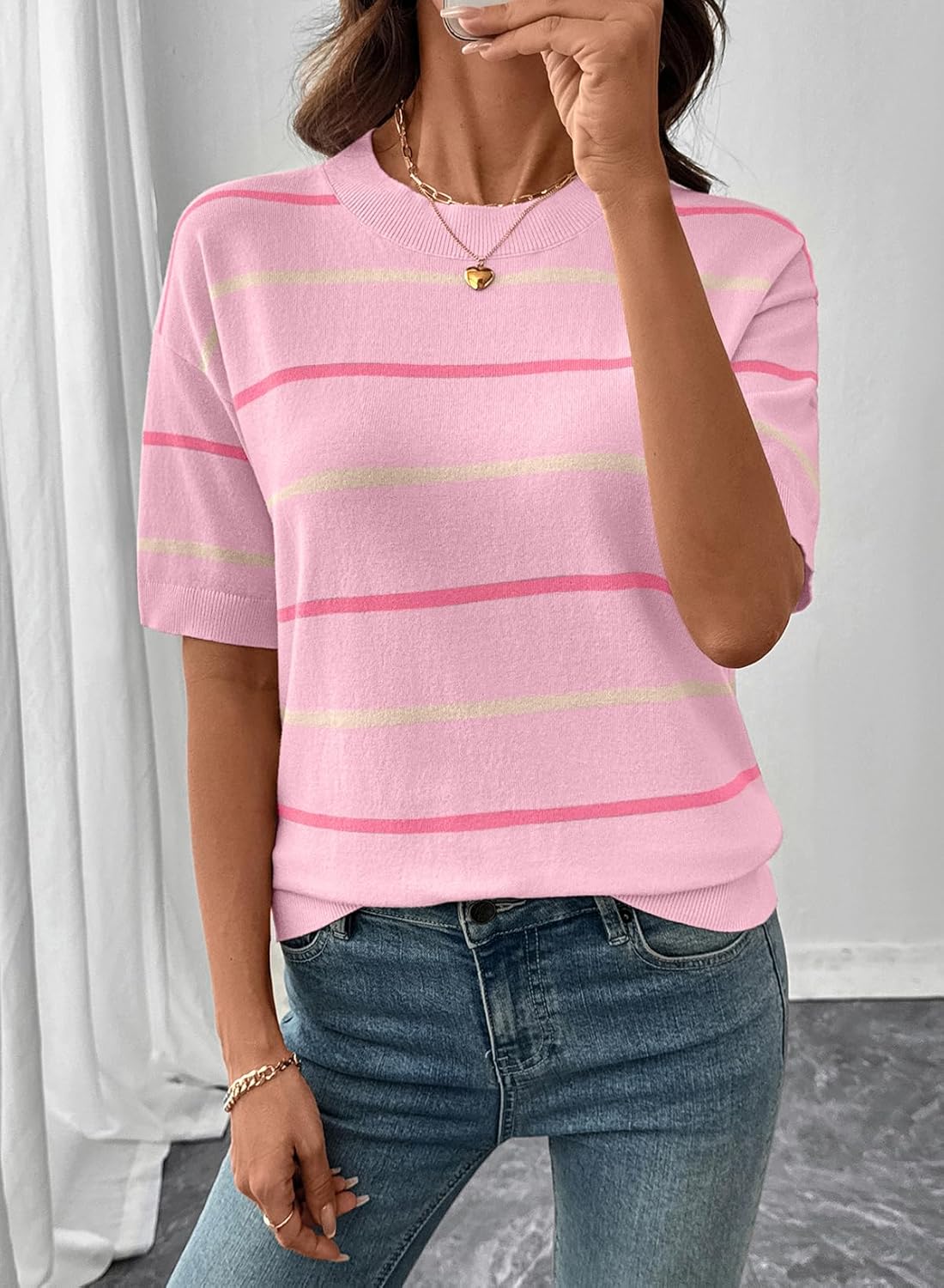 Women's  Crewneck Short Sleeve Knit Striped Tops