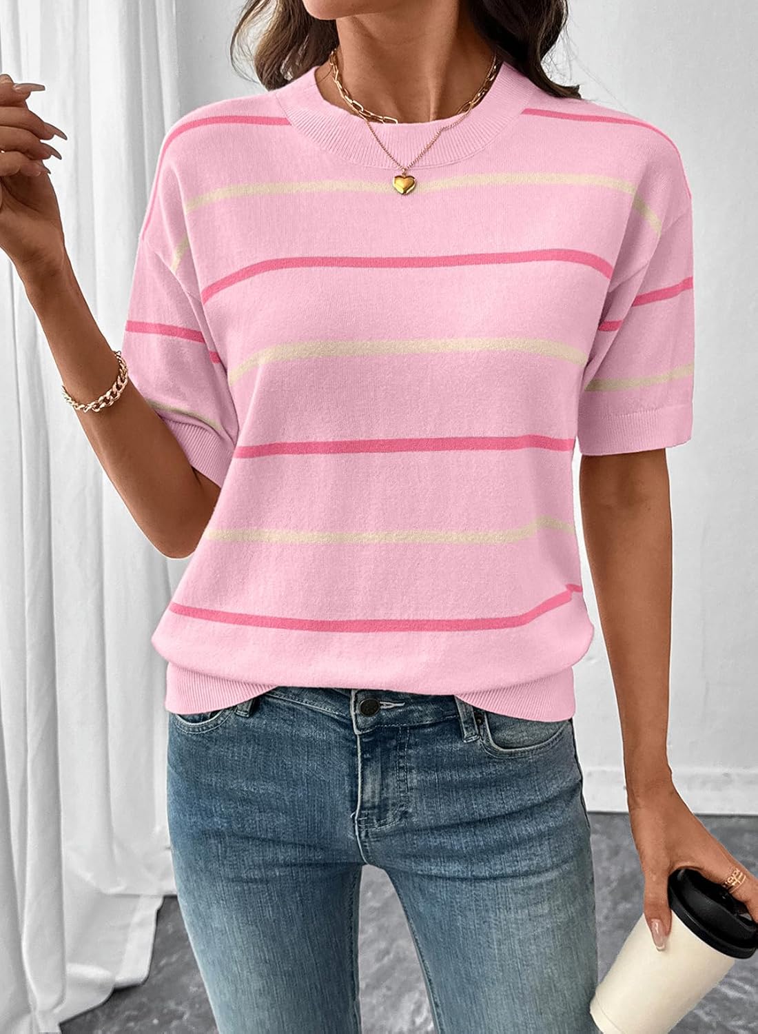 Women's  Crewneck Short Sleeve Knit Striped Tops