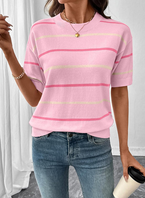 Women's  Crewneck Short Sleeve Knit Striped Tops