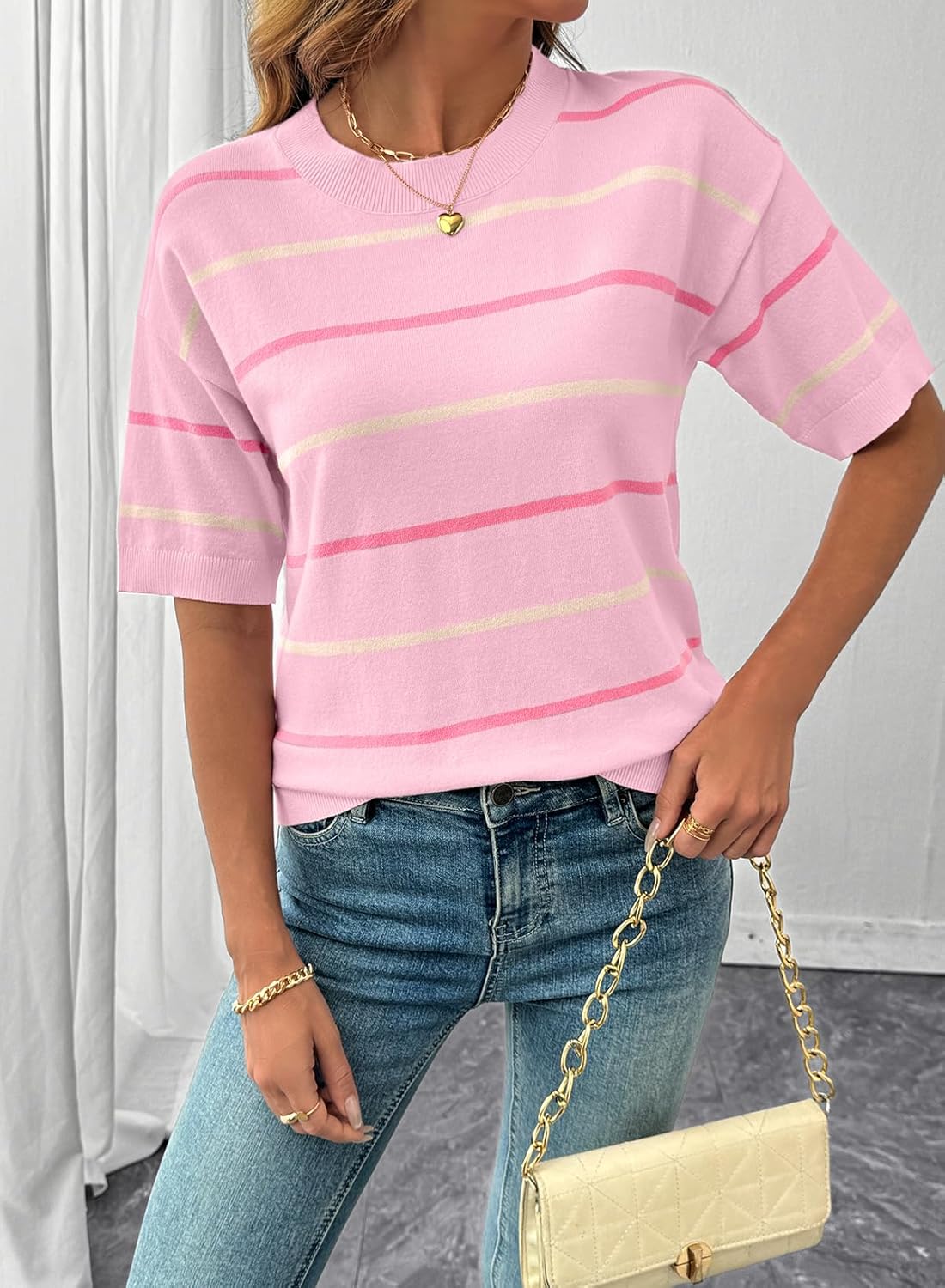 Women's  Crewneck Short Sleeve Knit Striped Tops