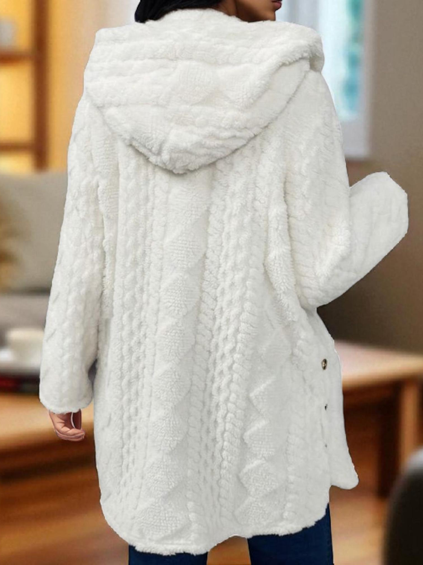 Women's Soft Fleece Button Hooded Long Sleeve Coat