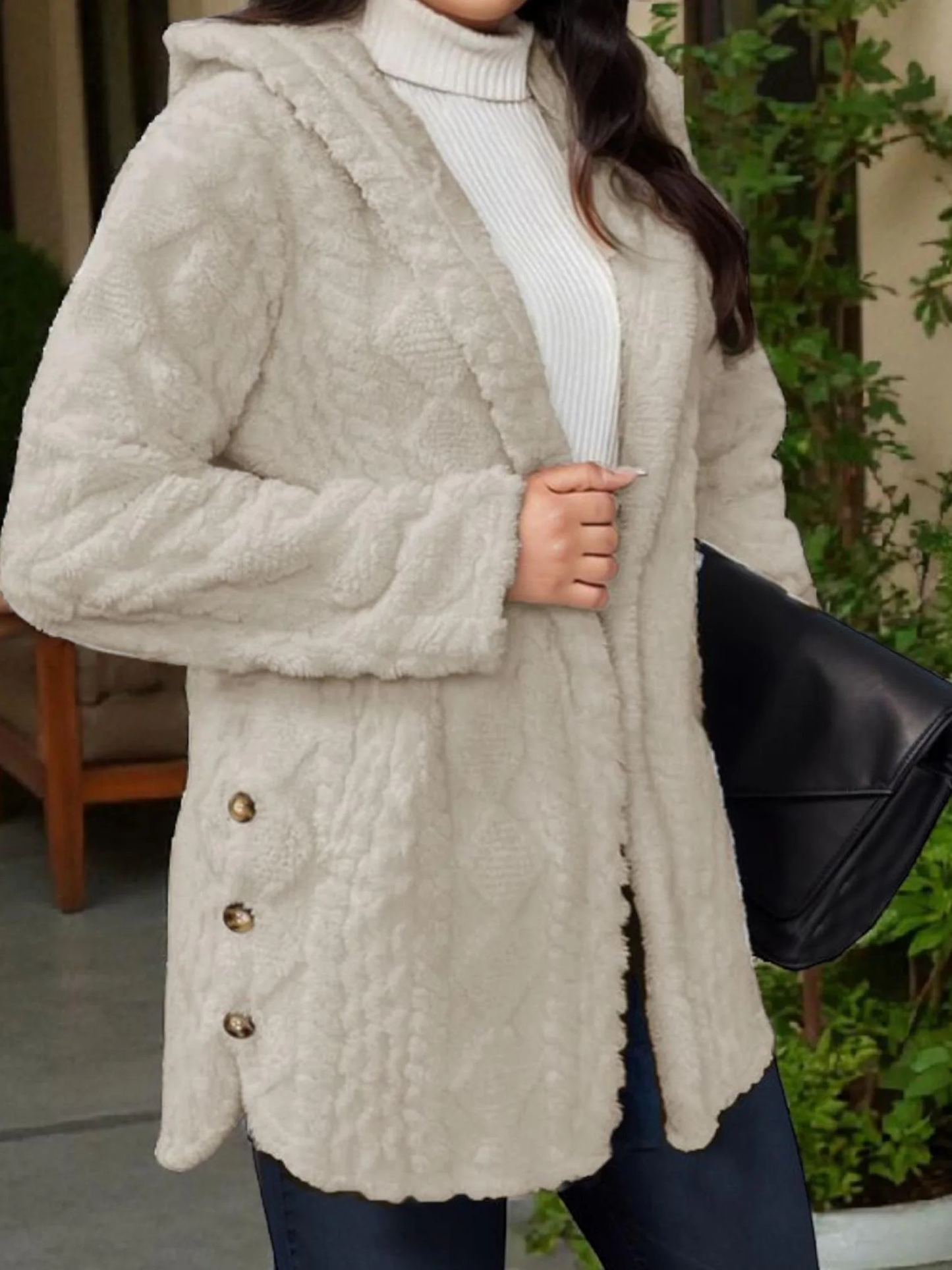 Women's Soft Fleece Button Hooded Long Sleeve Coat