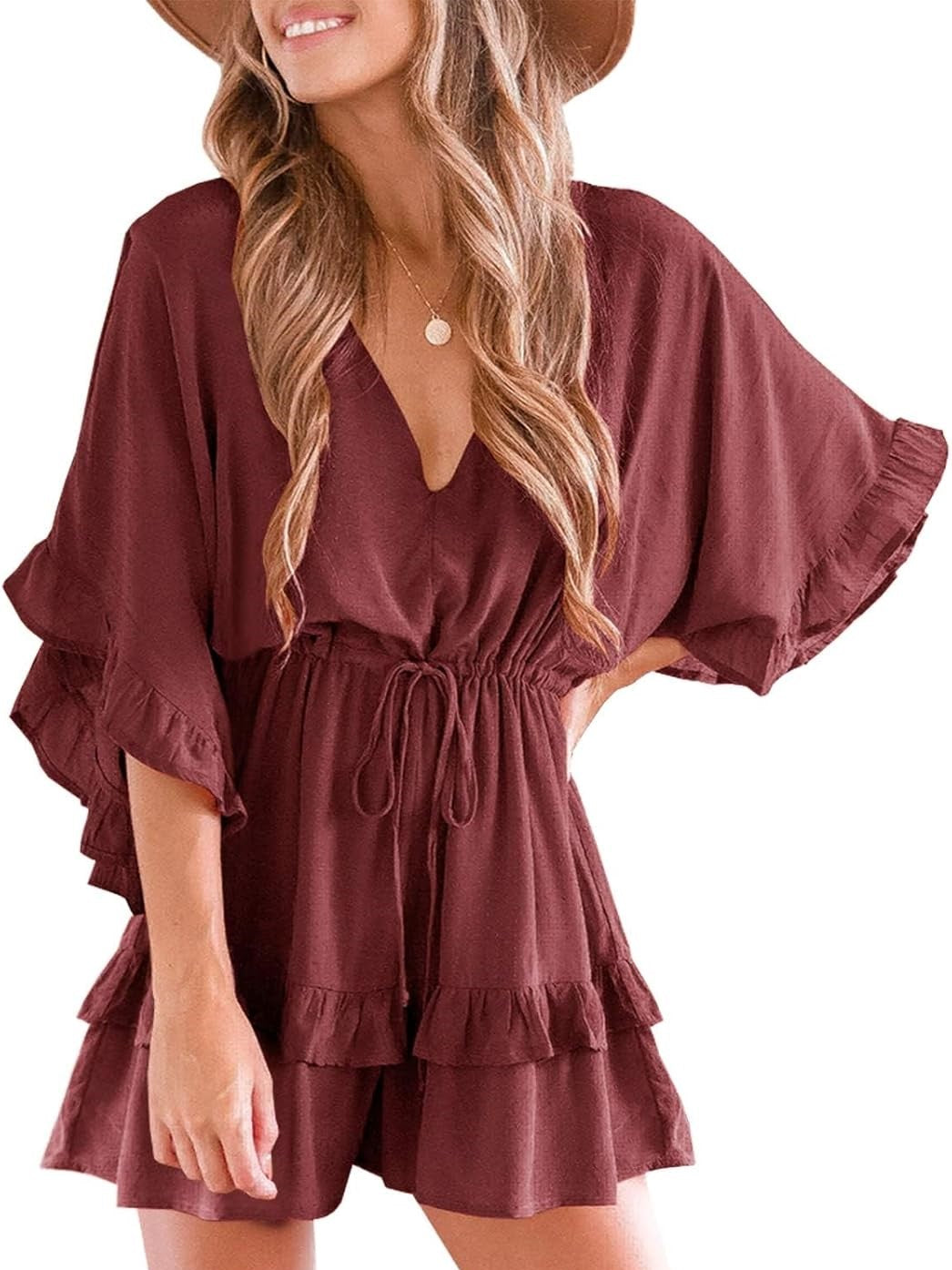 Women's Ruffle V Neck Drawstring Romper