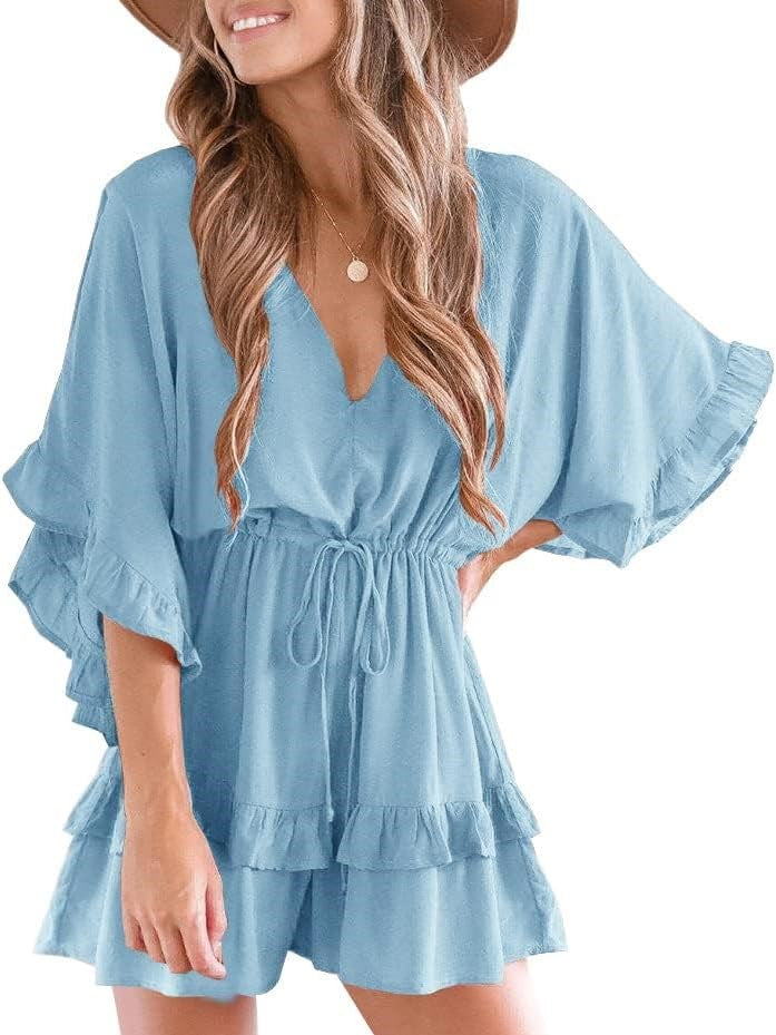 Women's Ruffle V Neck Drawstring Romper