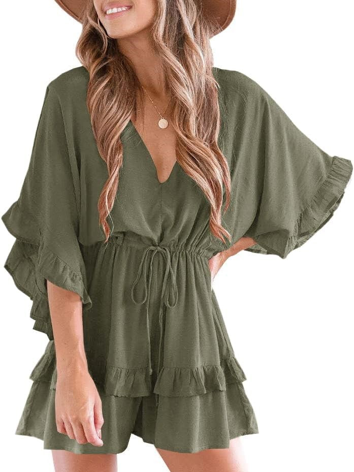 Women's Ruffle V Neck Drawstring Romper