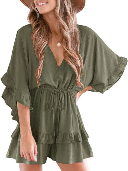 Women's Ruffle V Neck Drawstring Romper