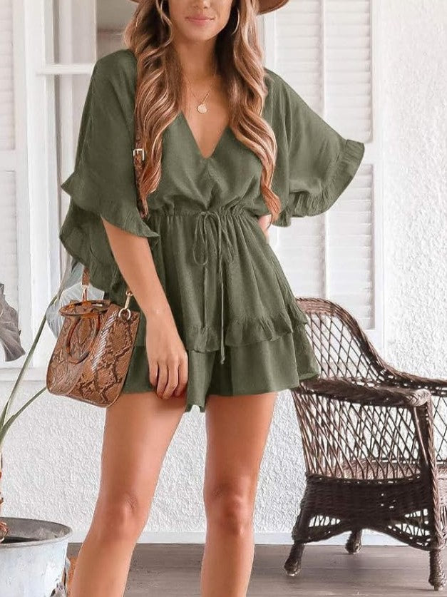 Women's Ruffle V Neck Drawstring Romper