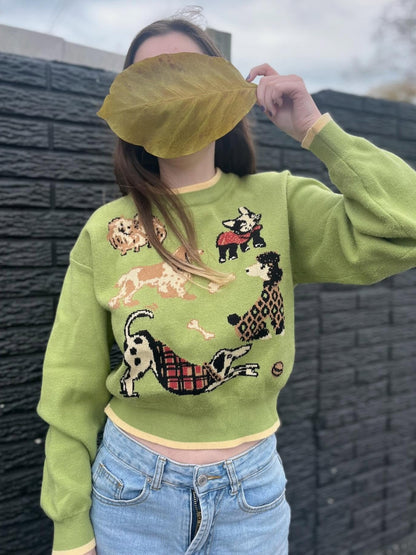 Women's Playful Puppy Pattern Relaxed Fit Knit Top