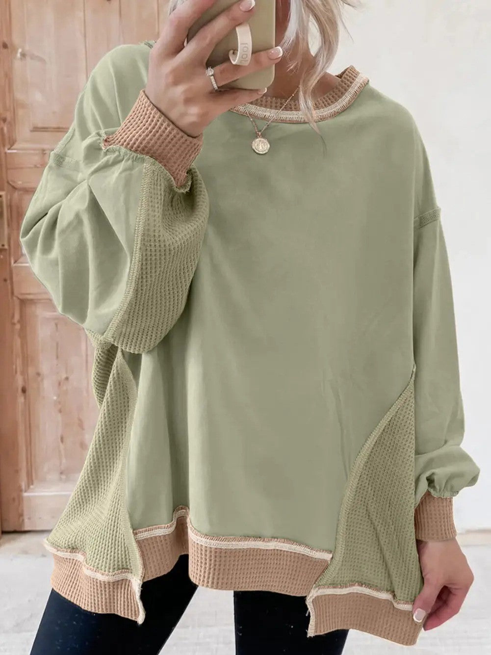 Women's Color Block Patchwork Waffle Knit Sweatshirt