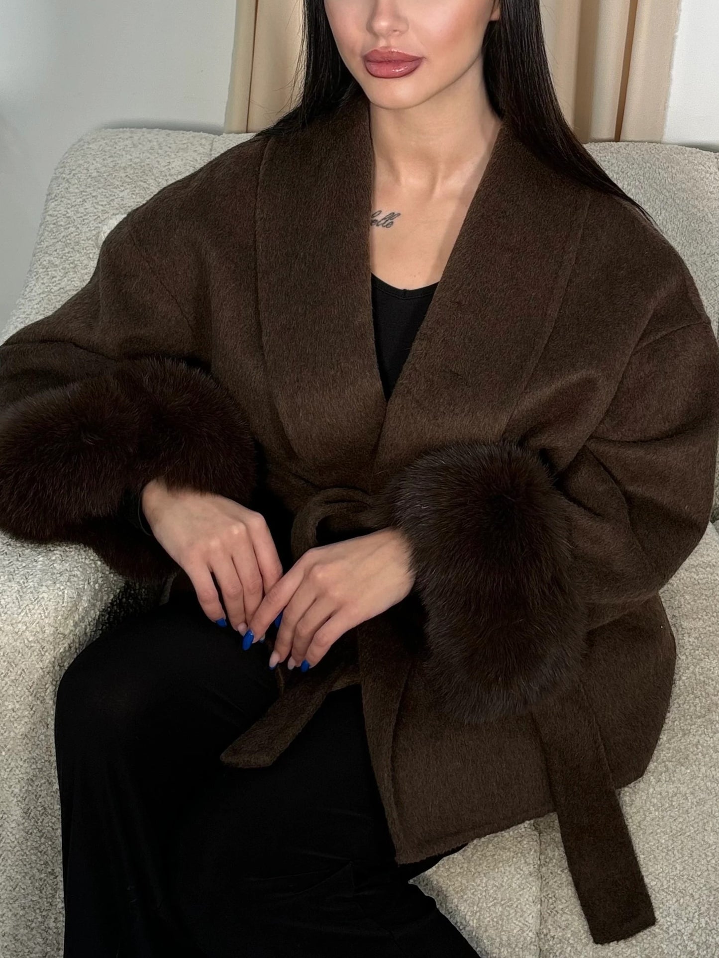 Women's Elegant Wrap Fur Trim Coat