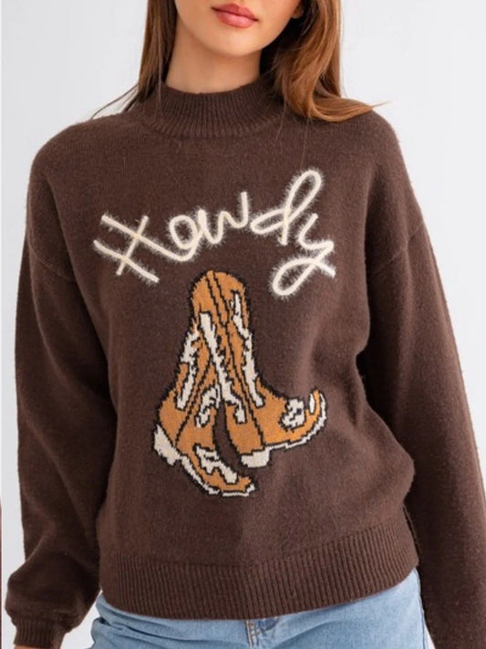 Western Howdy Boot Graphic High Neck Sweater