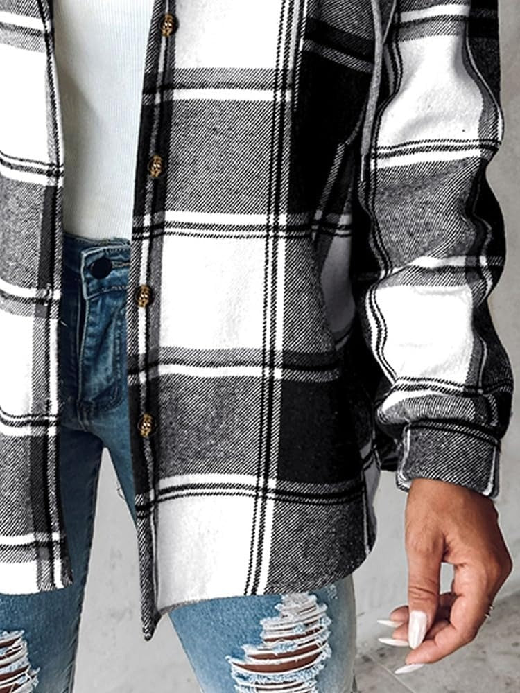 Women's Plaid Button Down Fleece Lined Hooded Jackets