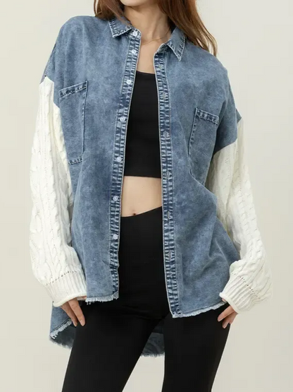 Cozy Sweater Sleeve Denim Shacket