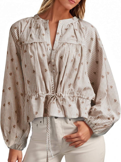 Women's Balloon Sleeve Tie-Waist Striped Top