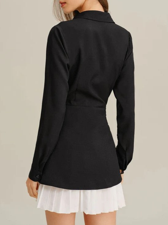 Women's Shirt Collar Faux Two-Piece Pleated Hem Dress