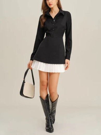 Women's Shirt Collar Faux Two-Piece Pleated Hem Dress