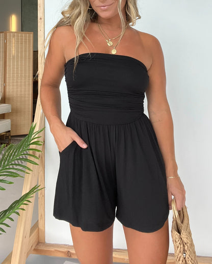 Women's Strapless Side Ruching Flowy Romper