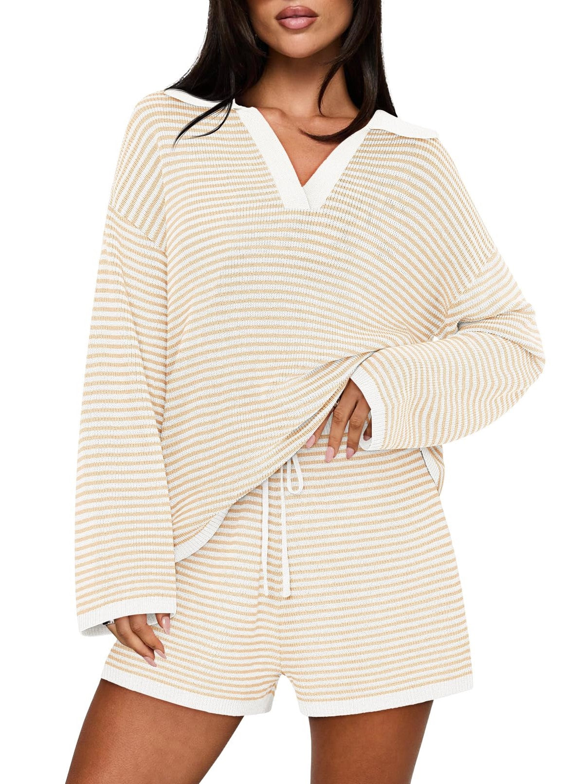 Women's Spring Striped Color-Block Lapel Two-Piece Set