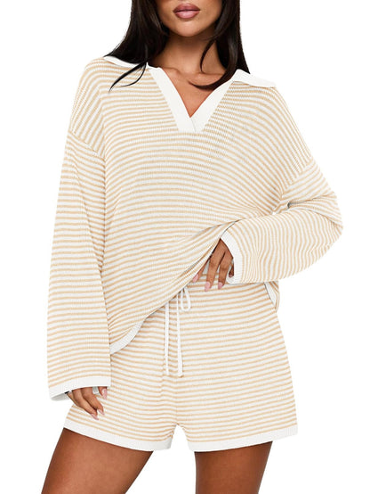 Women's Spring Striped Color-Block Lapel Two-Piece Set
