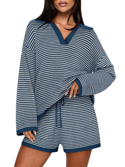 Women's Spring Striped Color-Block Lapel Two-Piece Set