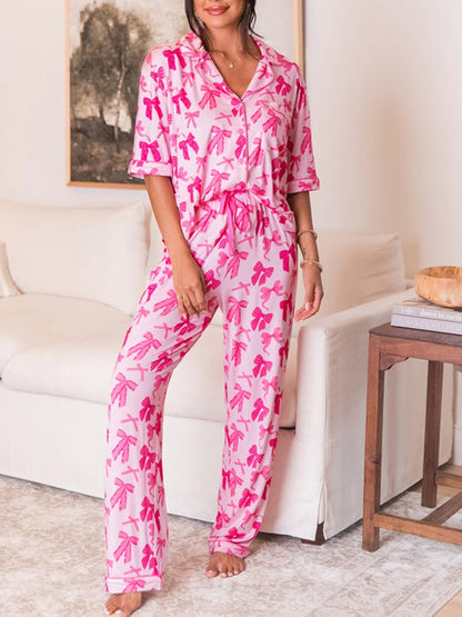 Women's Bow Knot Print Lapel Collar Short Sleeve and Pants Pajamas Set