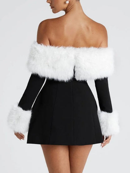 Women's Off Shoulder Fur Trim A Line Mini Dress