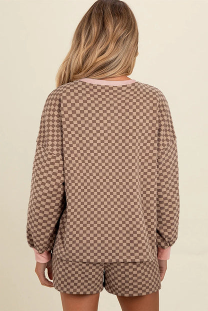 Women's Checkerboard Long Sleeve Pullover and Shorts Set