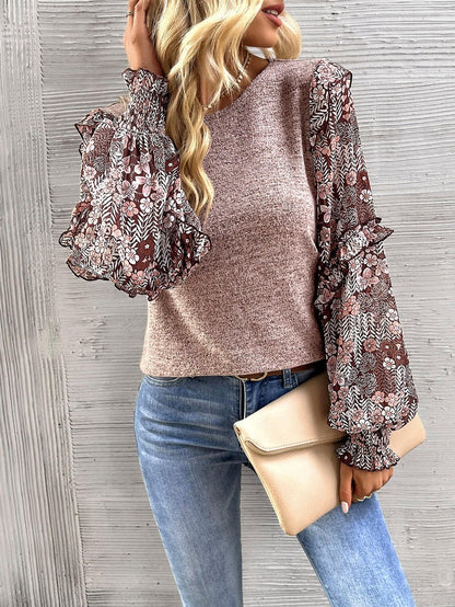 Women's Floral Sleeve Patchwork Knit Top
