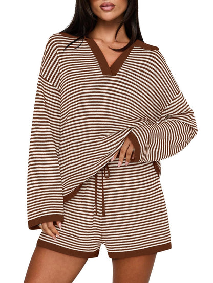 Women's Spring Striped Color-Block Lapel Two-Piece Set