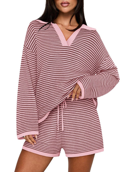 Women's Spring Striped Color-Block Lapel Two-Piece Set