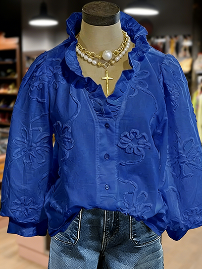 Women's Embroidered Flower Ruffle Neck Puff Sleeve Top