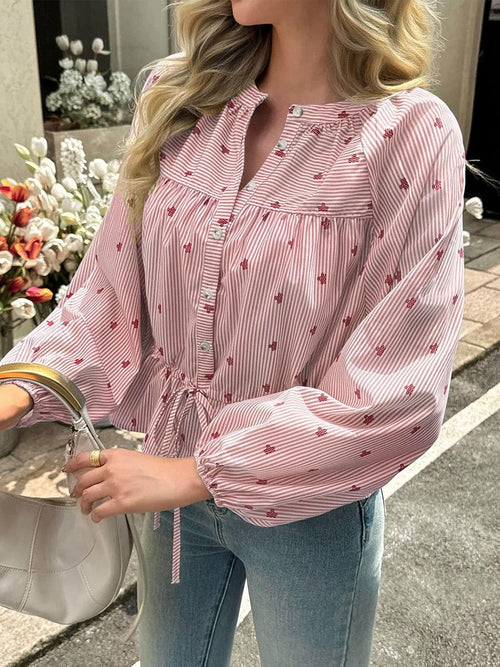 Women's Balloon Sleeve Tie-Waist Striped Top