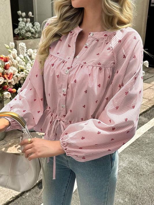 Women's Balloon Sleeve Tie-Waist Striped Top