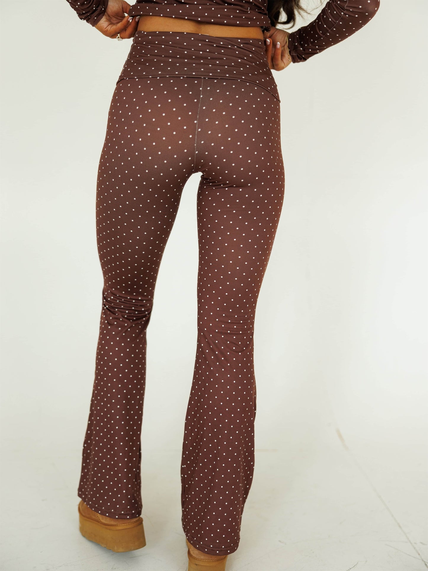 Women Fitted Polka Dot Long-Sleeve Top & Flared Pants Set