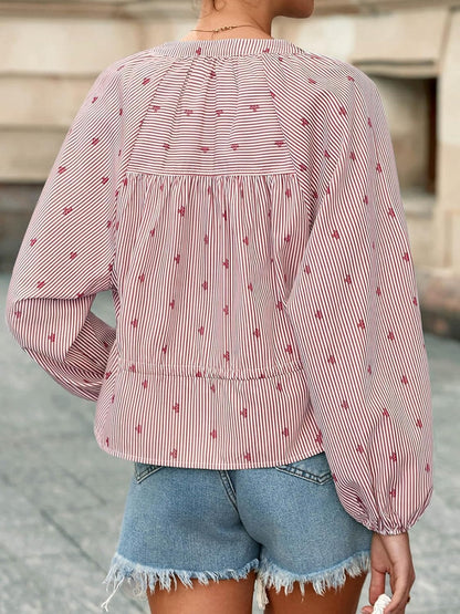 Women's Balloon Sleeve Tie-Waist Striped Top