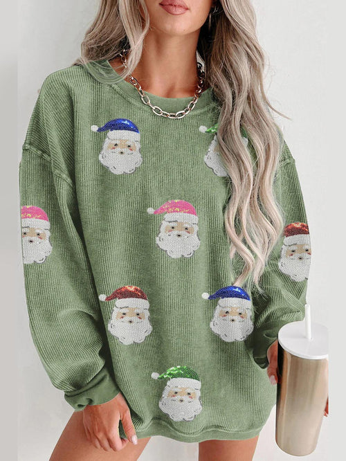 Women's Grass Green Santa Claus Graphic Sequins Sweatshirt