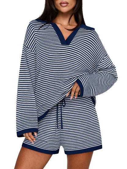 Women's Spring Striped Color-Block Lapel Two-Piece Set