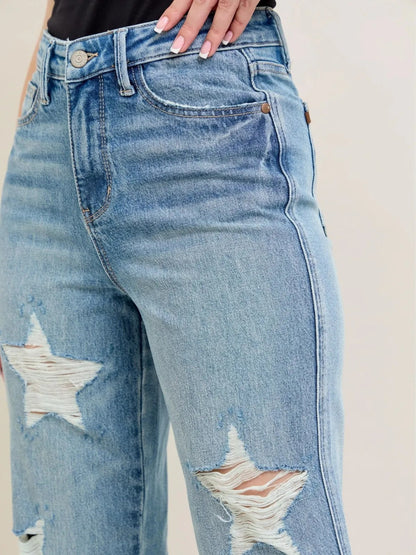 Women's Ripped Star Pattern Straight-Leg Denim Pants