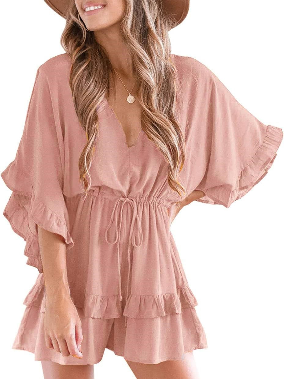 Women's Ruffle V Neck Drawstring Romper