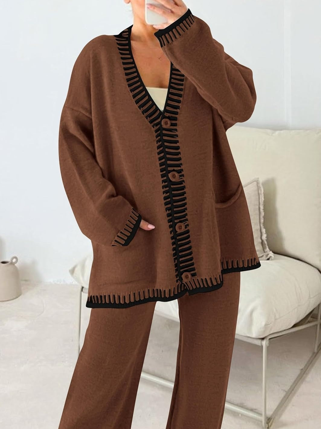 Women's Oversized V-Neck Knit Cardigan & Pants Set