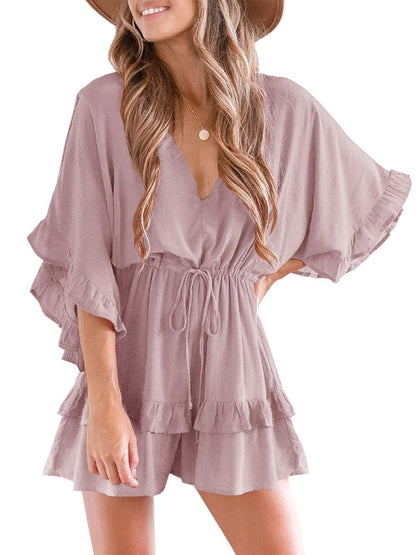 Women's Ruffle V Neck Drawstring Romper